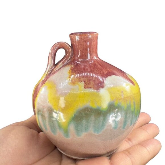 Mid Century Italian Art Pottery Vase Jug W Handle RedWare Multicolor Glaze VTG - Picture 1 of 15
